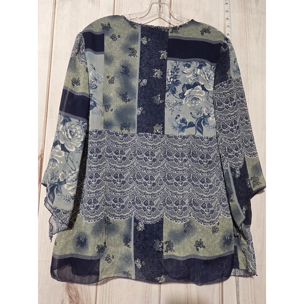 Dressbarn Blouse Womens 1X Blue Green Floral Lace Chiffon Asymmetrical Hem Top